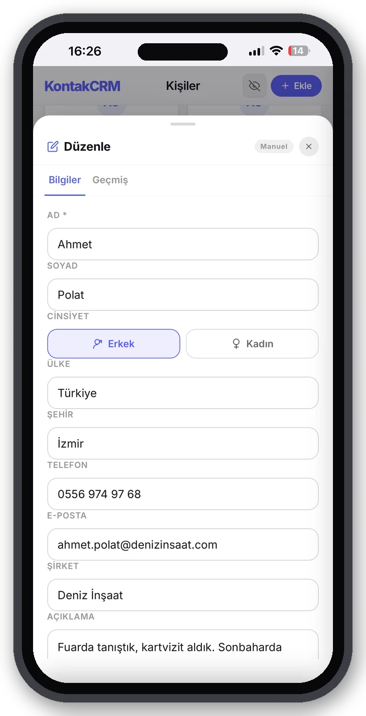 Bilgiler — düzenlenebilir kişi alanları