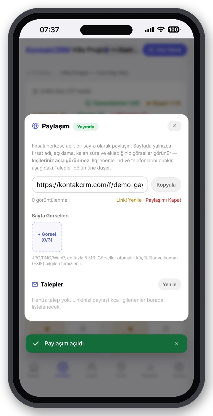 Yayında: link, görsel alanı ve talep kutusu