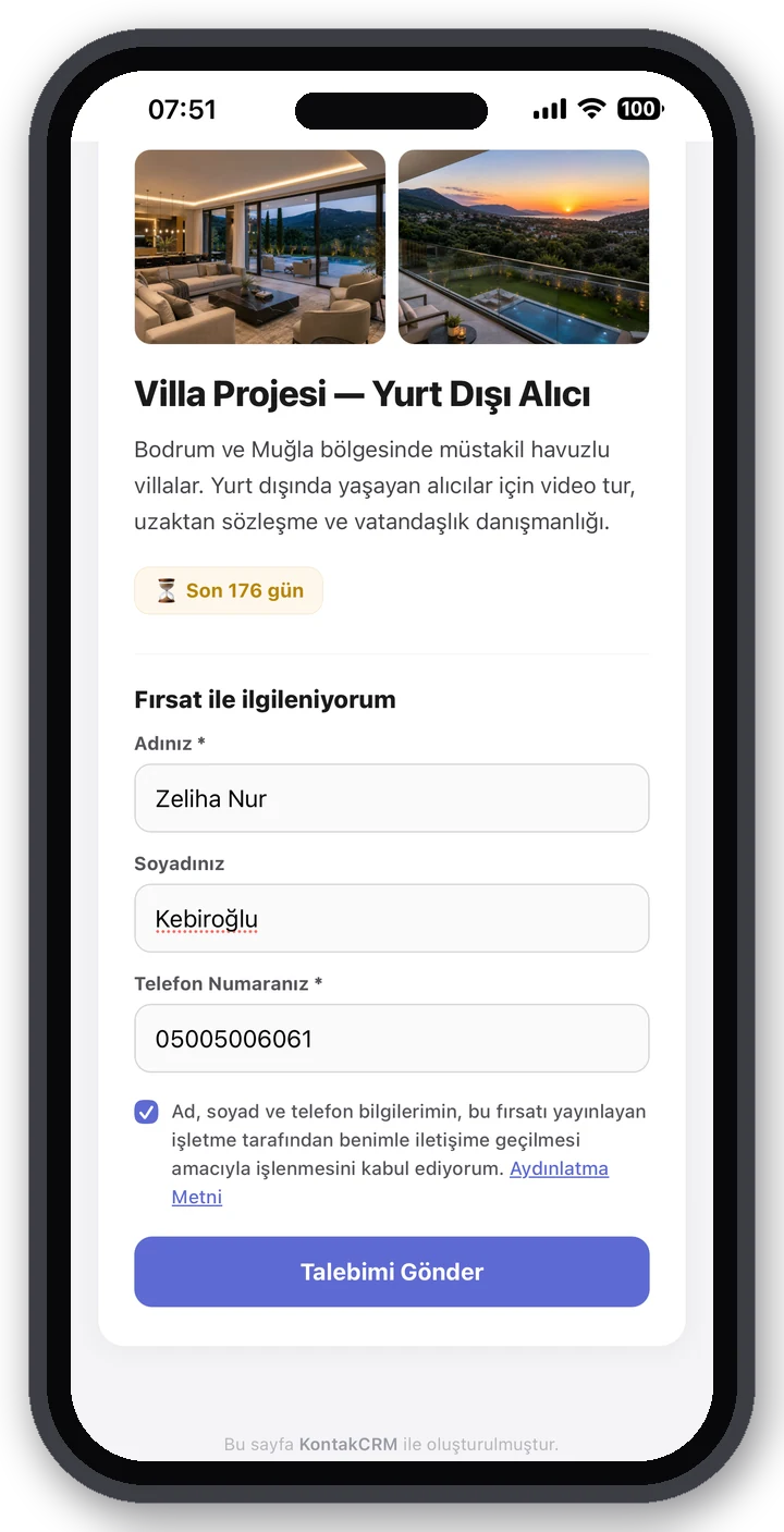 Talep formu: ad, telefon ve KVKK onayı