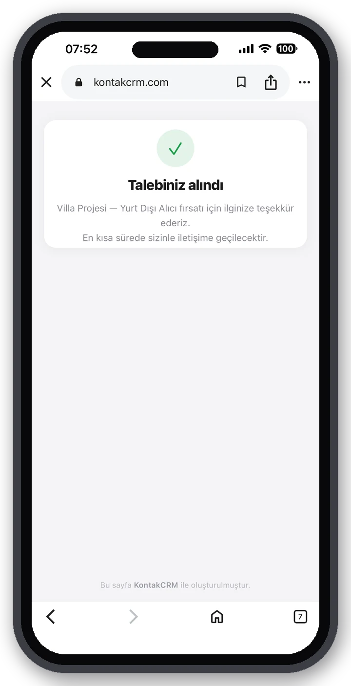 “Talebiniz alındı” — nötr teşekkür ekranı