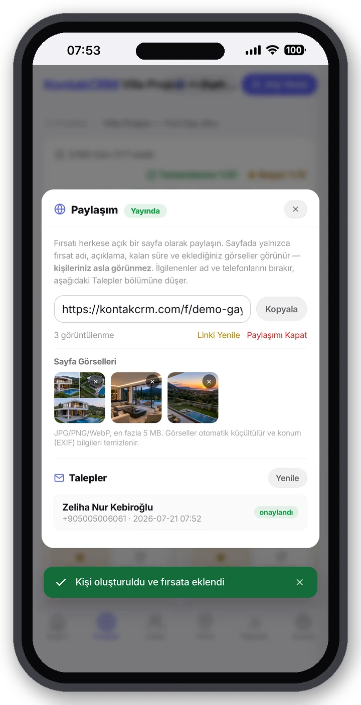 Onaylandı: kişi oluşturuldu ve fırsata eklendi