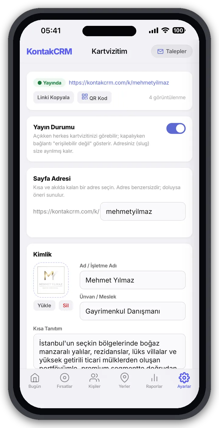 Kartvizitim — yayın durumu, adres ve kimlik