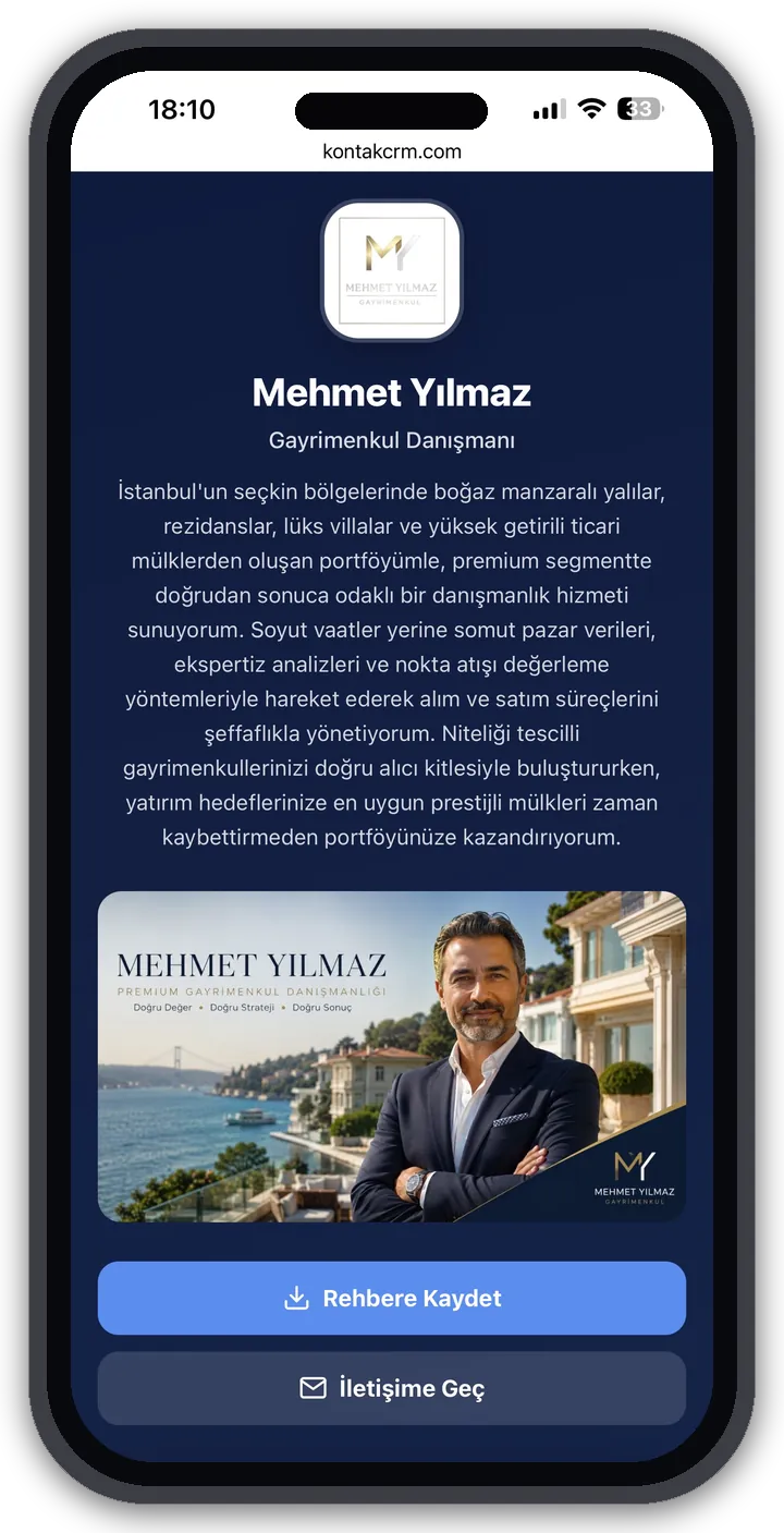 Yayındaki kartvizit — ziyaretçinin gördüğü