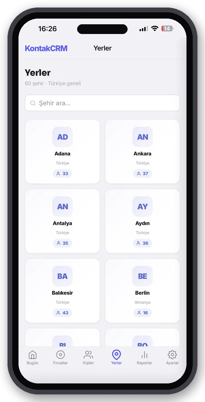 Yerler — şehir kartları ve kişi sayıları
