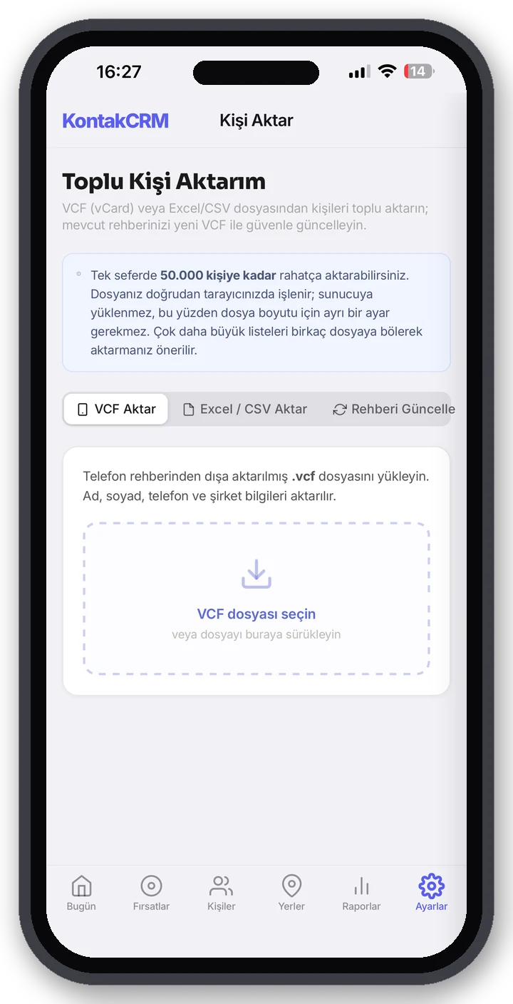 Toplu kişi aktarımı — VCF / Excel / CSV