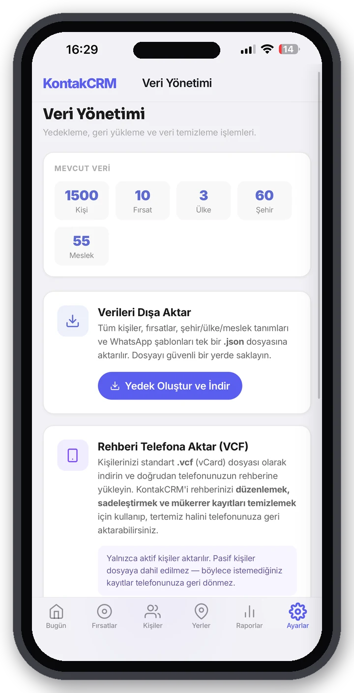Veri Yönetimi — yedek, VCF’e aktar, temizle