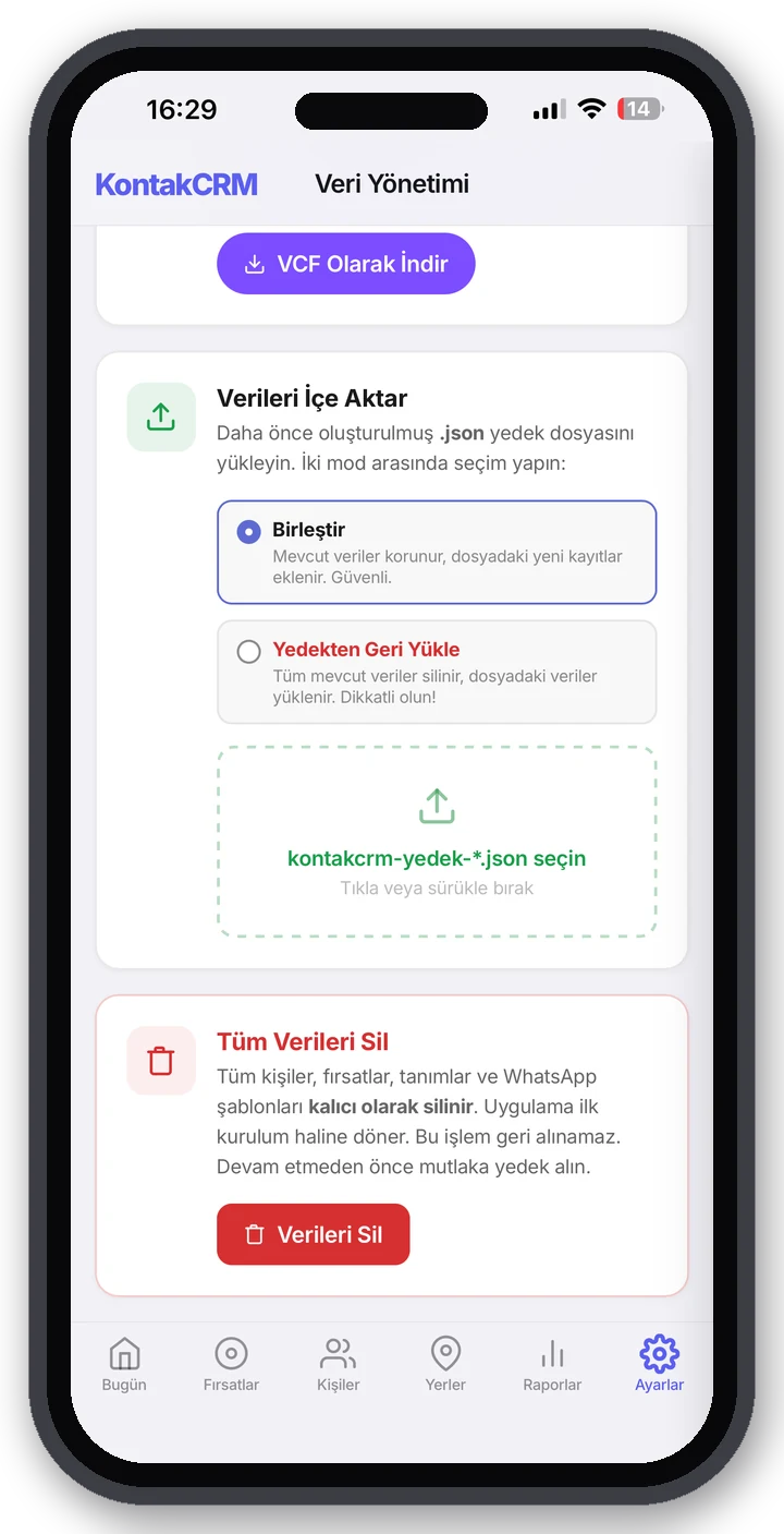 İçe aktarım modları ve güvenli sıfırlama